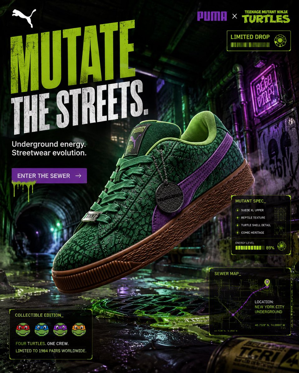A premium streetwear sneaker campaign image combining PUMA branding with Teenage Mutant Ninja Turtles-inspired underground New York visuals.