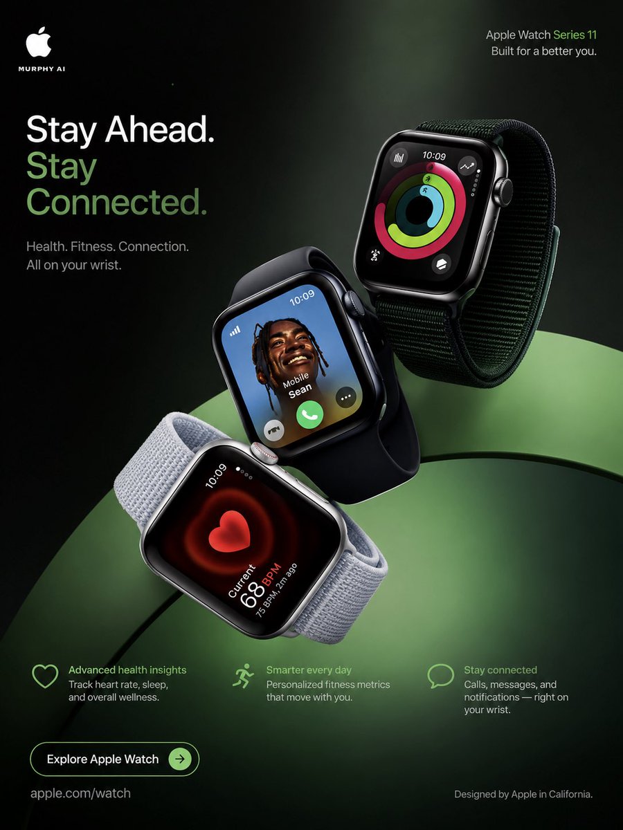 블랙과 에메랄드 그린 그라디언트 배경에서 Apple Watch Series 11을 고급스럽게 표현한 테크 광고 포스터