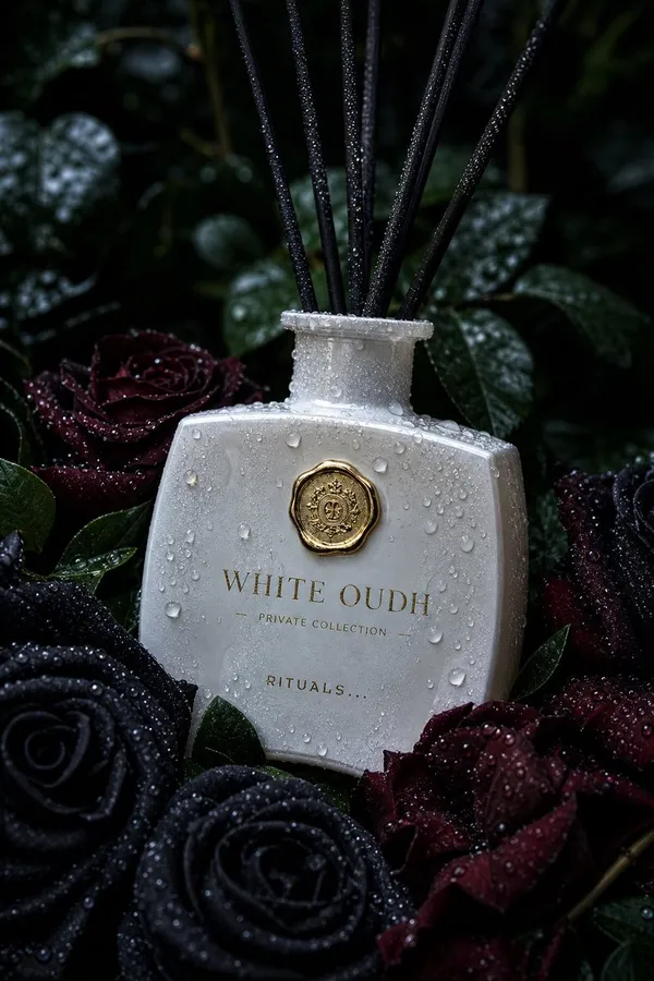 A luxury product photograph of a white creamy glass reed diffuser labeled White Oudh Private Collection Rituals.