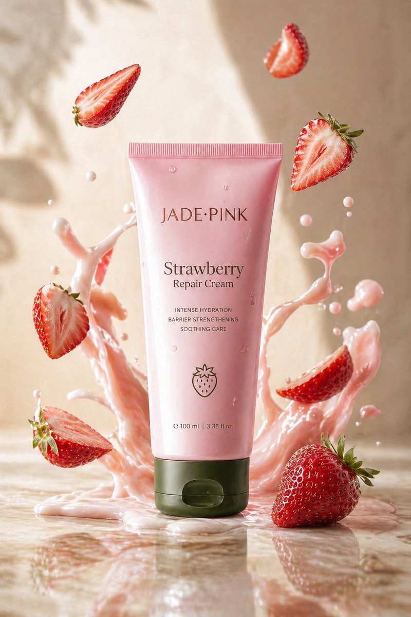 A sleek skincare product ad featuring a jade-pink Strawberry Repair Cream tube with cream splashes and flying strawberry slices.
