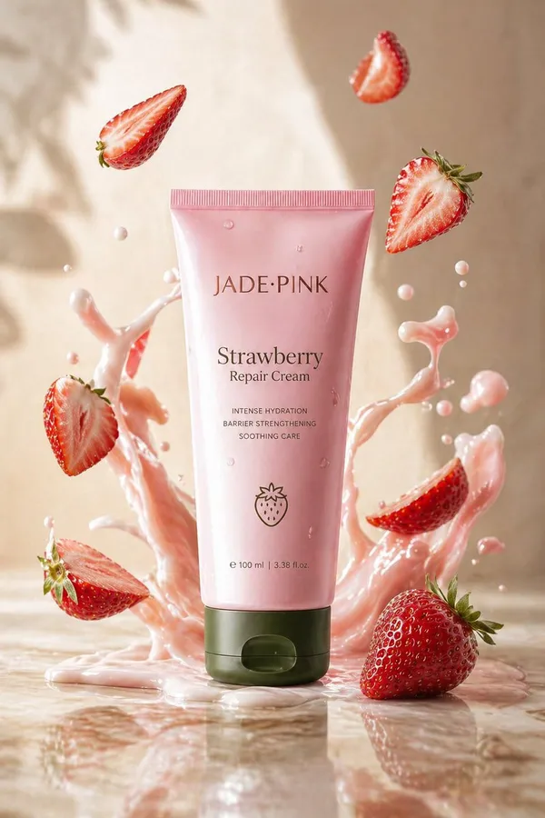 A sleek skincare product ad featuring a jade-pink Strawberry Repair Cream tube with cream splashes and flying strawberry slices.