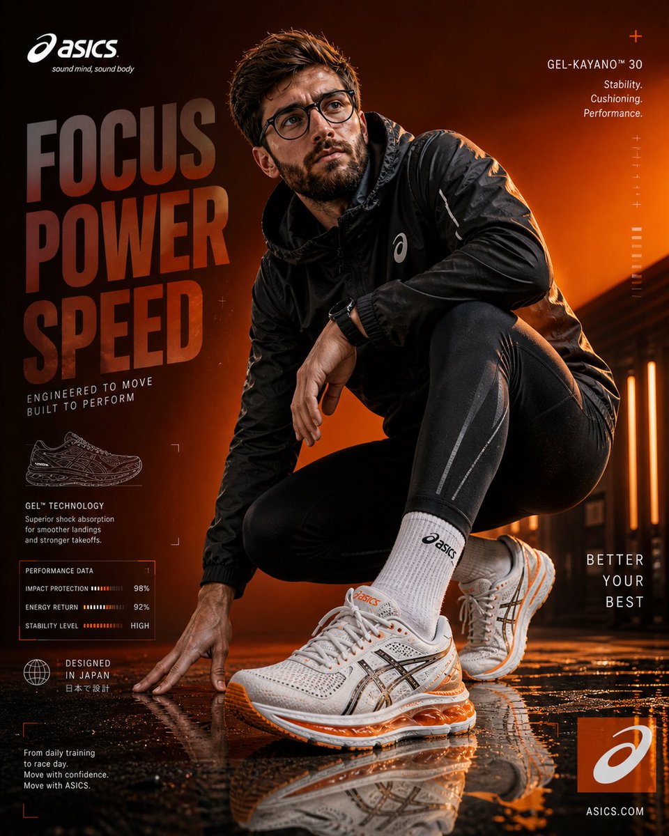 속도와 정밀함을 강조한 시네마틱 에디토리얼 무드의 ASICS 스포츠웨어 광고 이미지