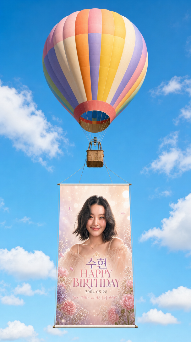 AI-generated hot air balloon with birthday banner made with GPT Image 2
