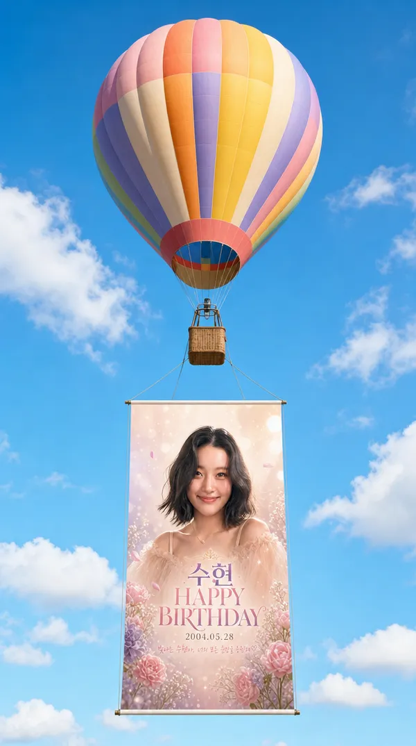 AI-generated hot air balloon with birthday banner made with GPT Image 2