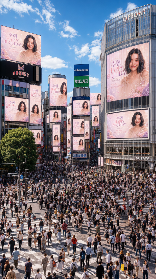 AI-generated Shibuya Scramble Crossing birthday billboard made with GPT Image 2