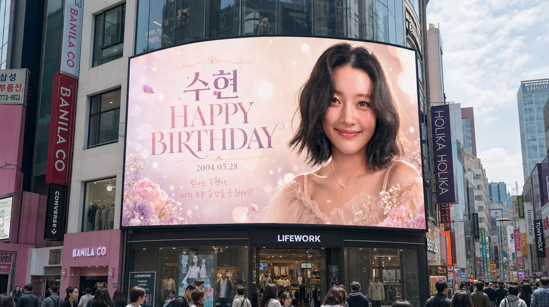 AI-generated Myeongdong street birthday billboard made with GPT Image 2