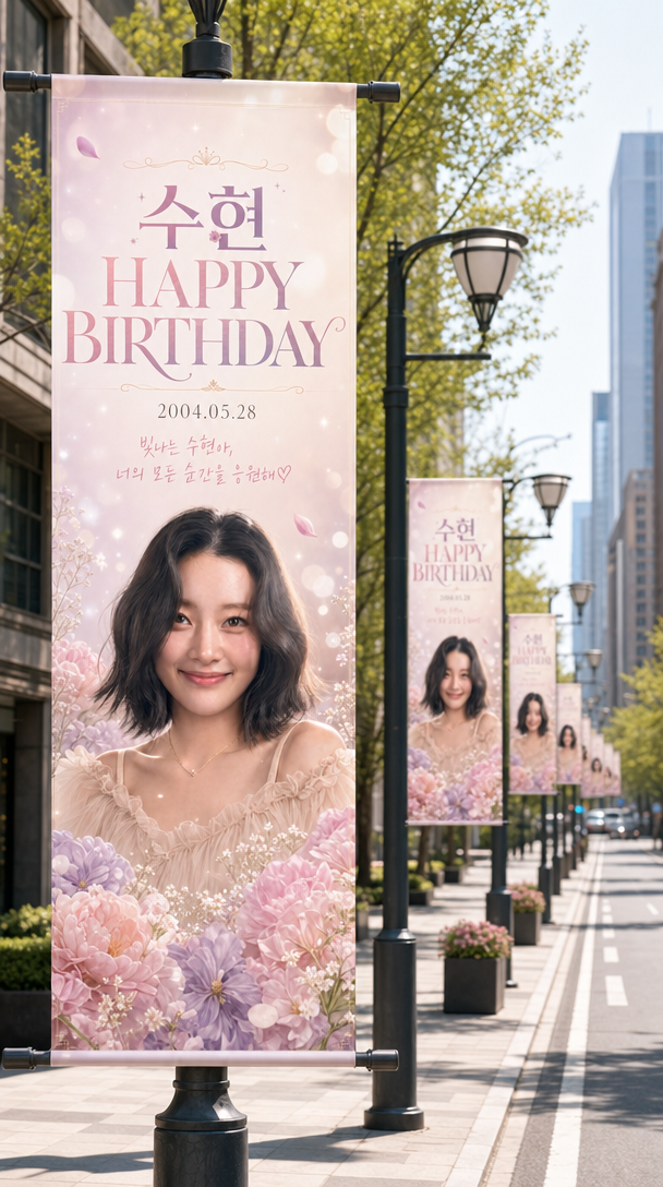 GPT 이미지 2로 생성한 도시 거리 가로등 배너 생일 광고