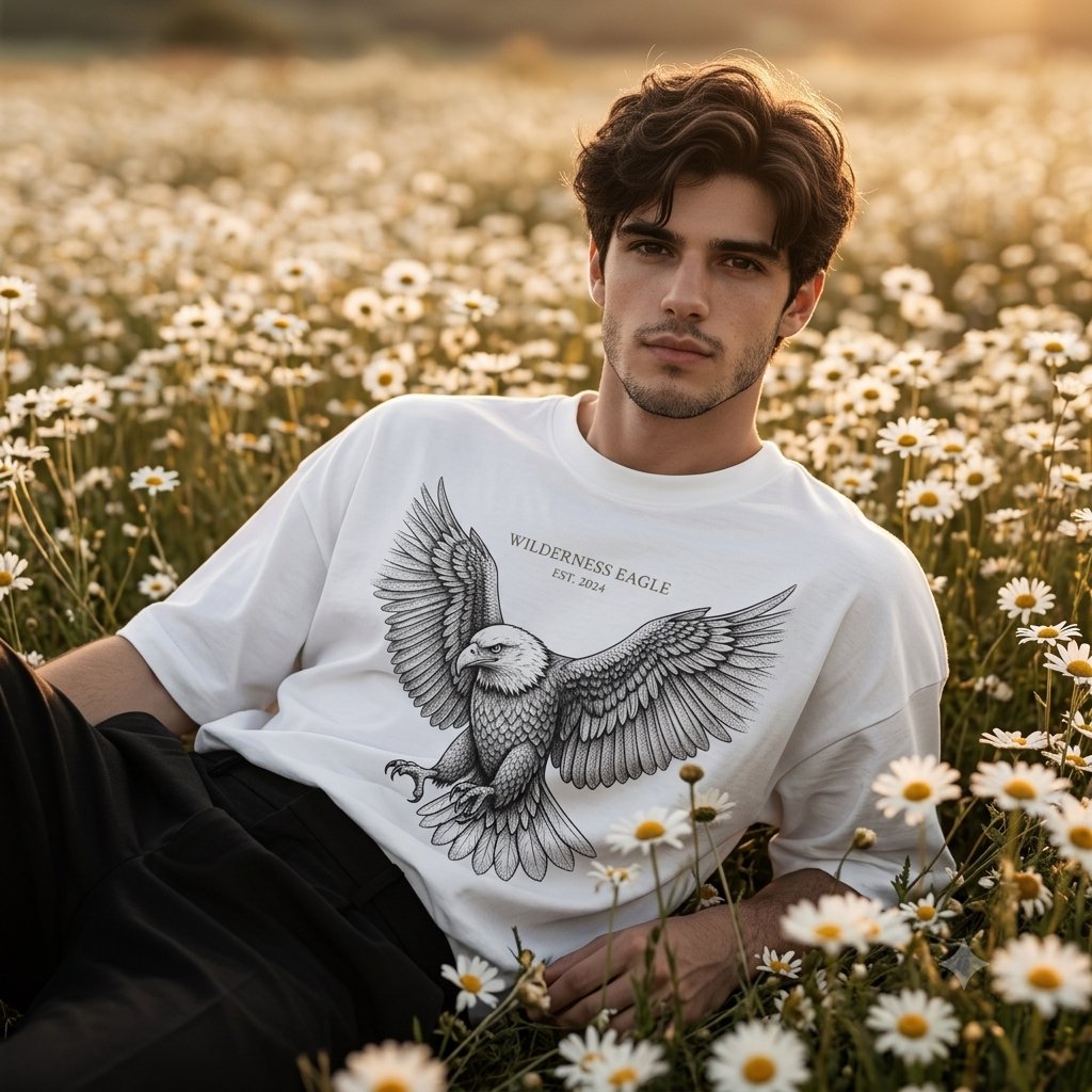 AI-generated Male Model Streetwear Campaign in Daisy Field made with Nano Banana Pro