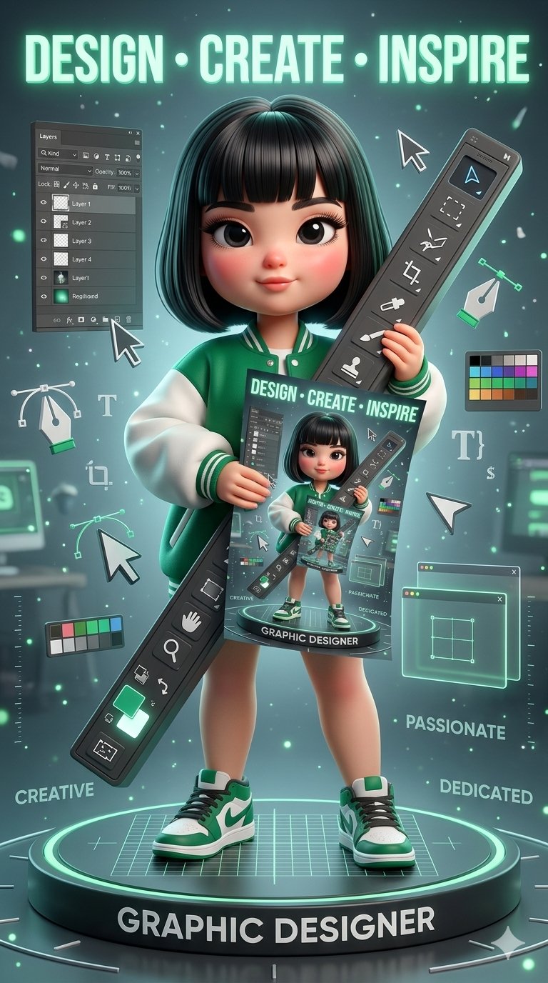 AI-generated Confident female designer holds giant toolbar in futuristic studio made with Nano Banana 2