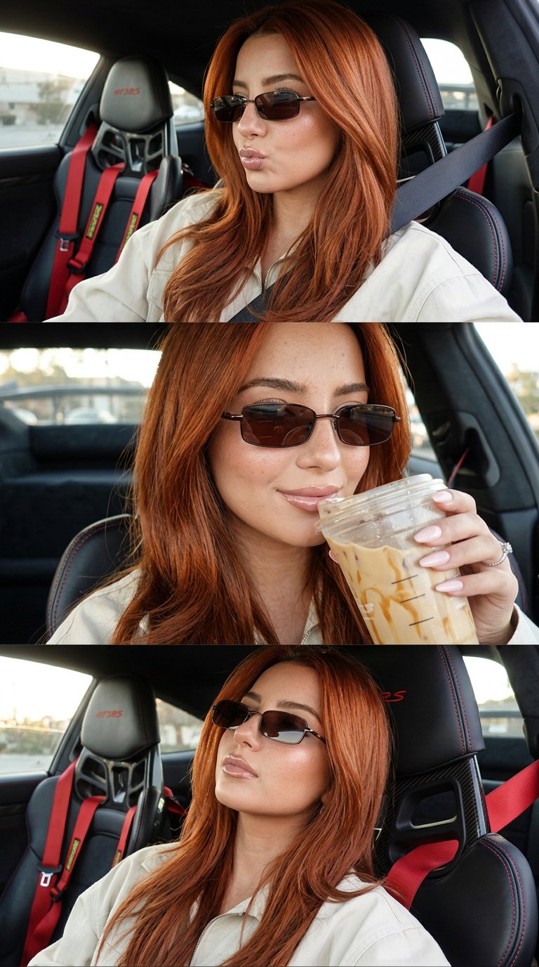 AI-generated Redhead model sips iced coffee in luxury Porsche selfie collage made with Nano Banana 2