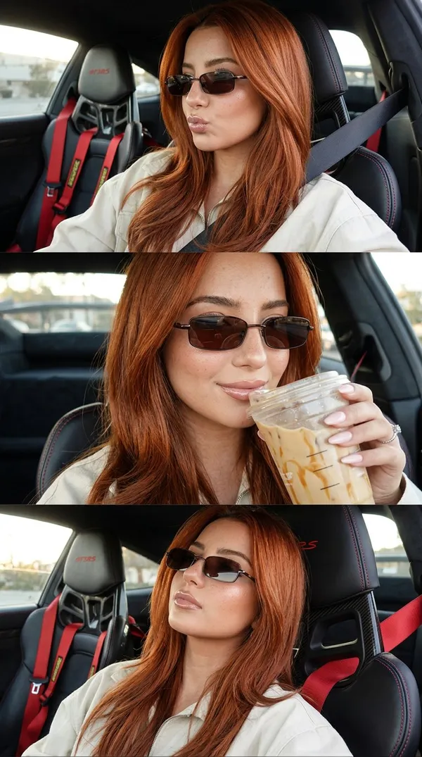 AI-generated Redhead model sips iced coffee in luxury Porsche selfie collage made with Nano Banana 2