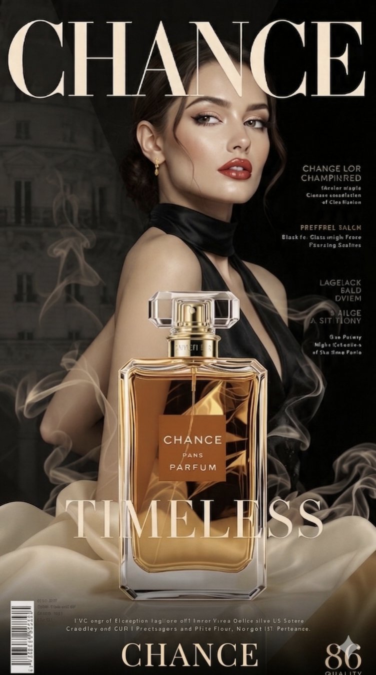 AI-generated A glamorous woman in a black halter dress holds CHANCE perfume made with Nano Banana 2