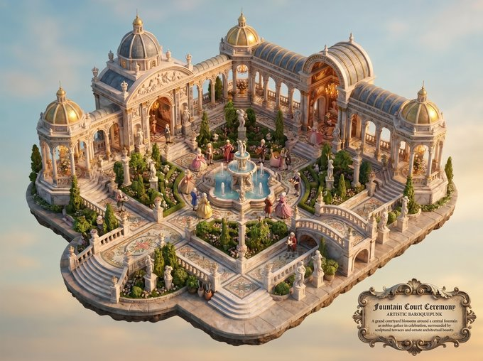 AI-generated Baroquepunk Royal Garden Miniature made with Nano Banana Pro