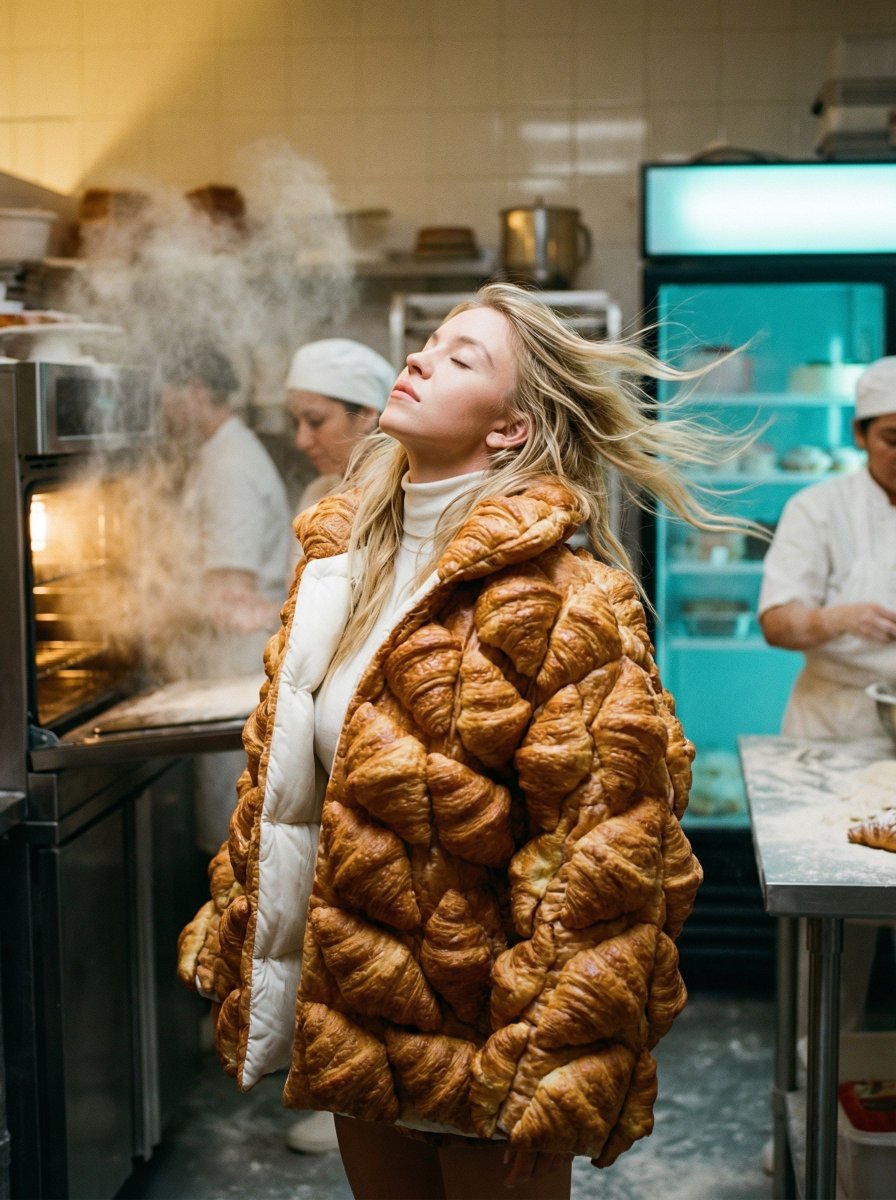 AI-generated Surreal Croissant Puffer Fashion made with Nano Banana Pro