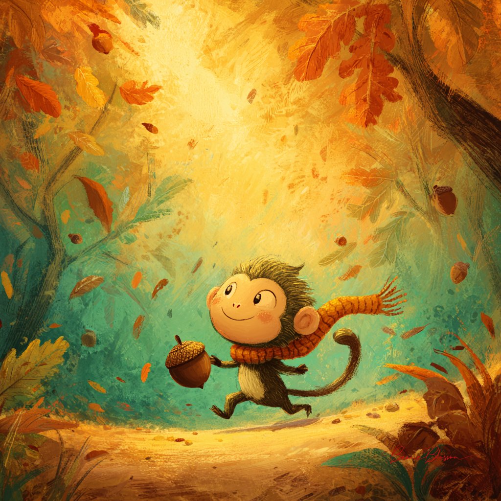 Example image of Tiny Monkey Rolling Acorn Storybook Illustration generated with Nano Banana Pro