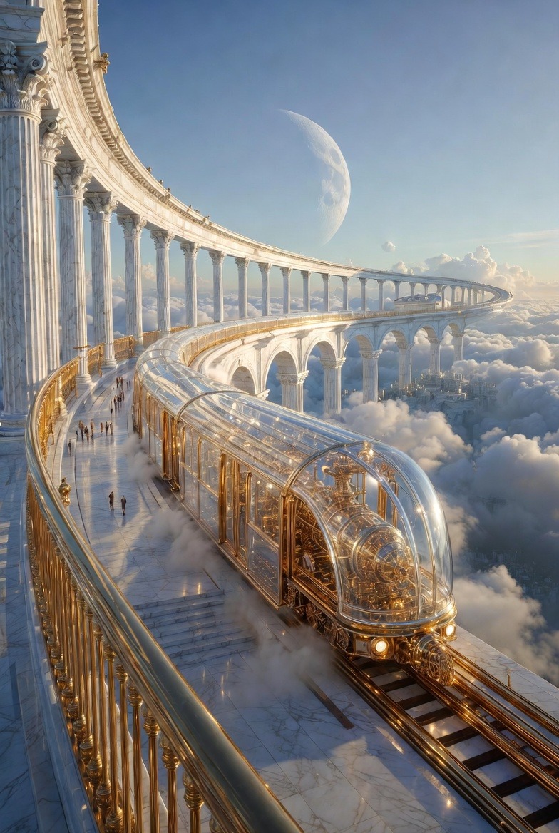 Example image of Celestial Train Station in the Clouds generated with Nano Banana Pro