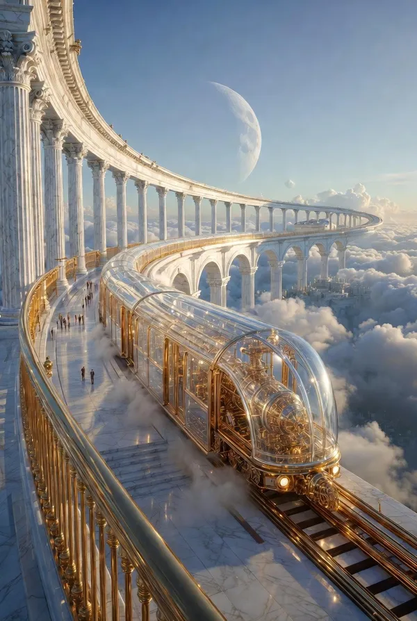 Example image of Celestial Train Station in the Clouds generated with Nano Banana Pro