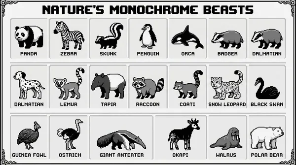 Example image of Black and White Animals Pixel Infographic generated with Nano Banana Pro