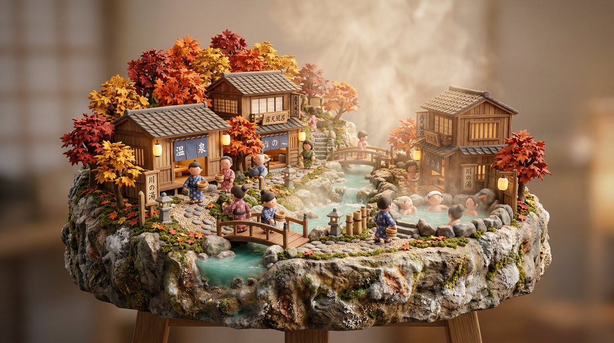 Example image of Japanese Onsen Village Miniature generated with Nano Banana 2