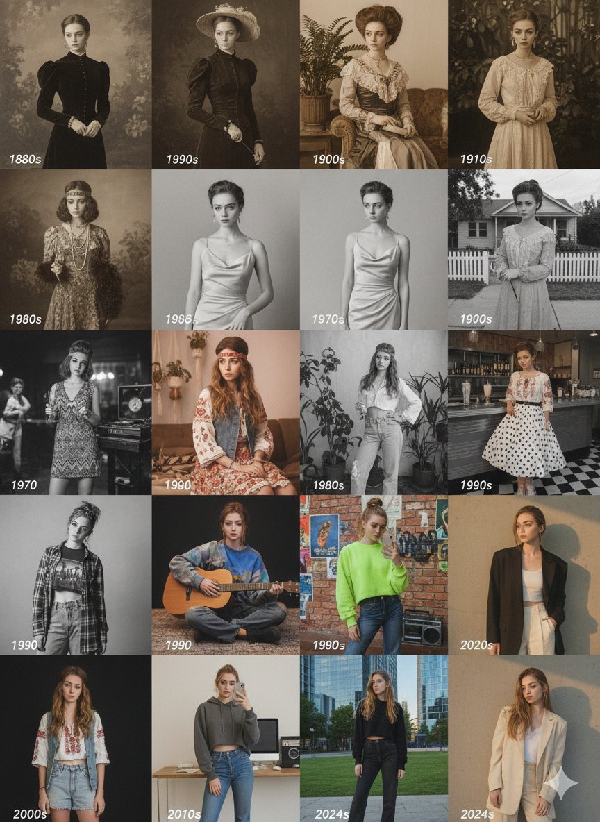 Example image of Decades Fashion Evolution Grid generated with Nano Banana Pro