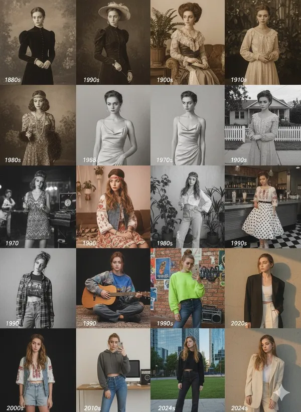 Example image of Decades Fashion Evolution Grid generated with Nano Banana Pro