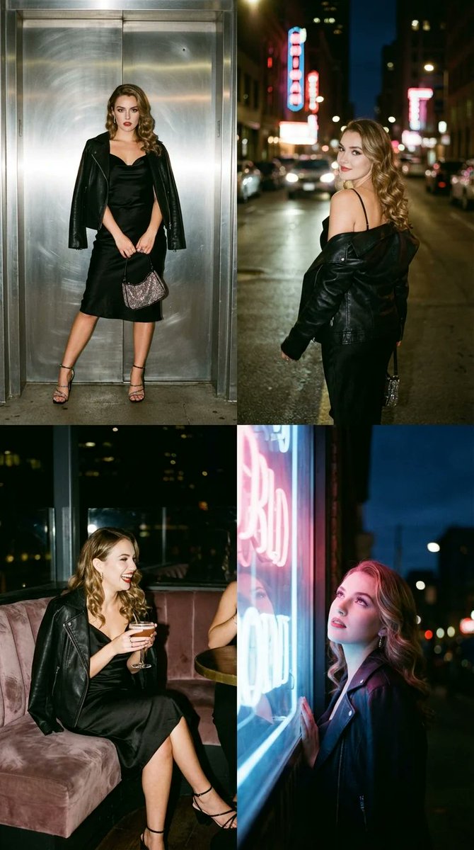Example image of Glam Evening Fashion Four Panel Collage generated with Nano Banana Pro