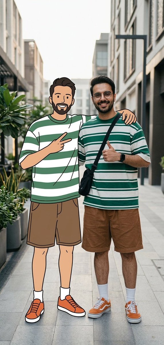 Example image of Real Person and 2D Character Street Scene generated with Nano Banana 2