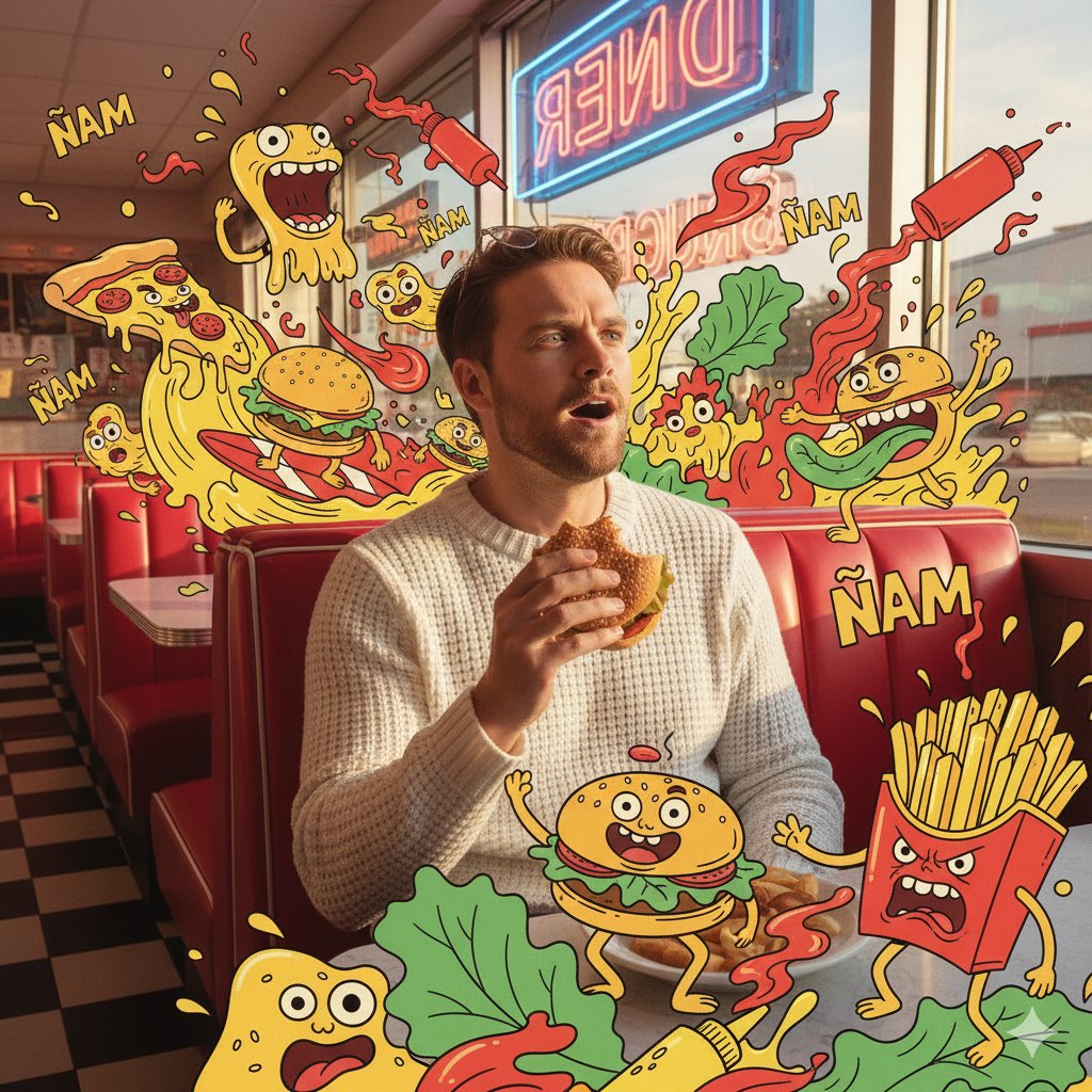 Example image of Diner Fast Food Monster Scene generated with Nano Banana Pro