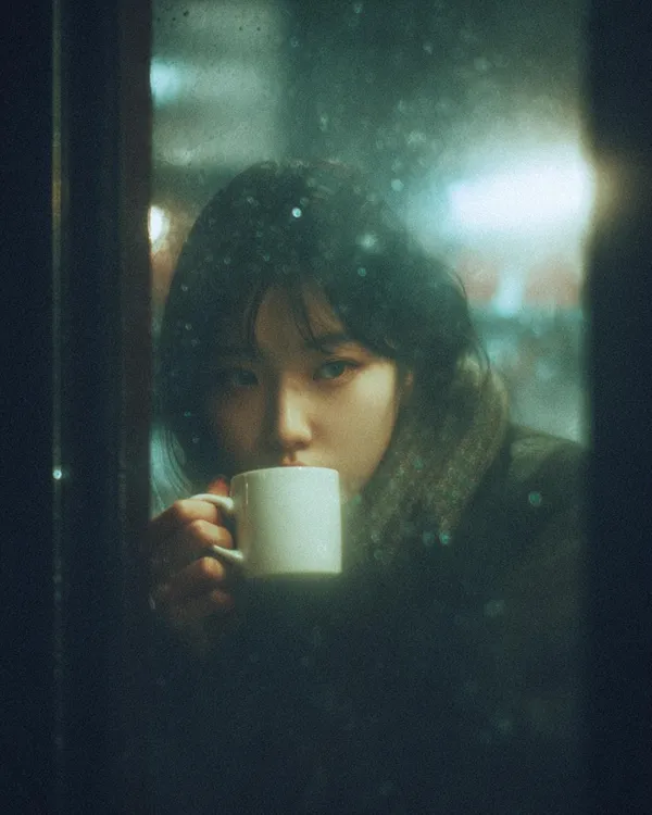 AI-generated Rainy Night Cafe Portrait made with Nano Banana Pro