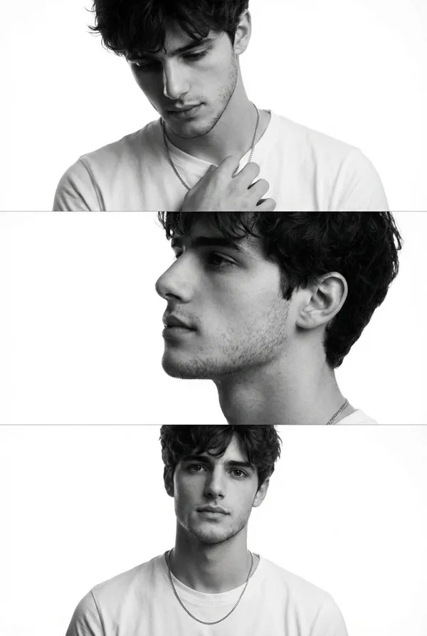 AI-generated Monochrome Triptych Male Portrait made with Nano Banana Pro