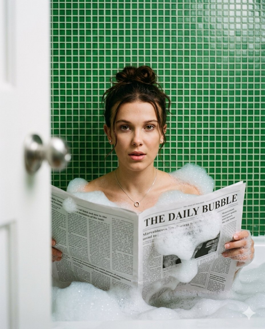 AI-generated Bathtub Newspaper Cinematic Portrait made with Nano Banana Pro