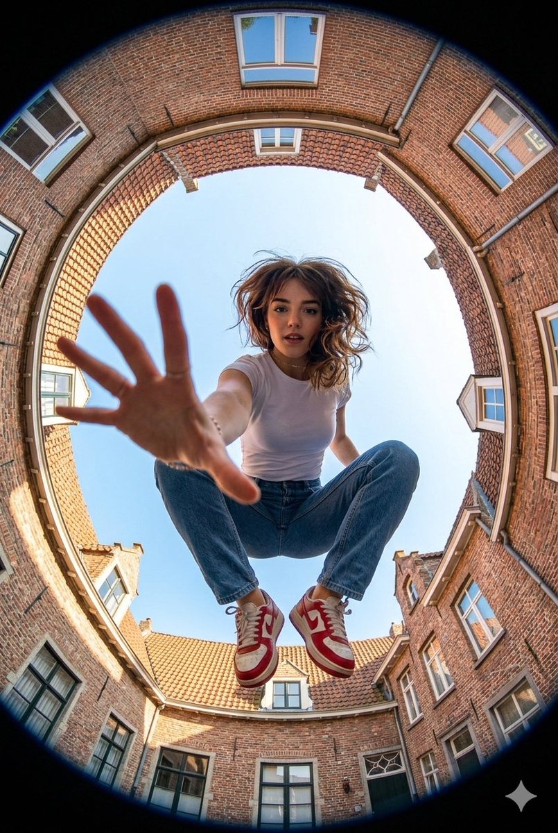 AI-generated Fisheye Mid-Air Jump Portrait made with Nano Banana Pro