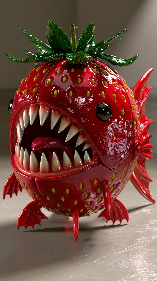 AI-generated Piranha Strawberry 3D Toy made with Midjourney