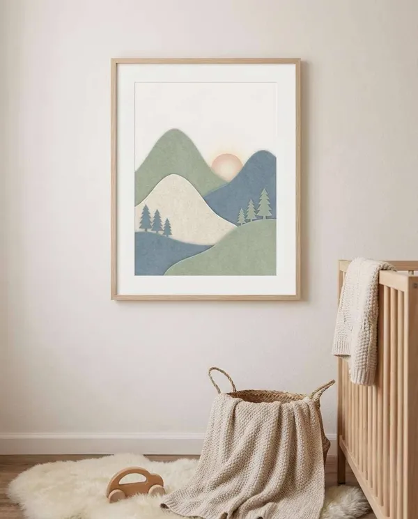 AI-generated Scandinavian Mountain Nursery Poster made with Nano Banana 2