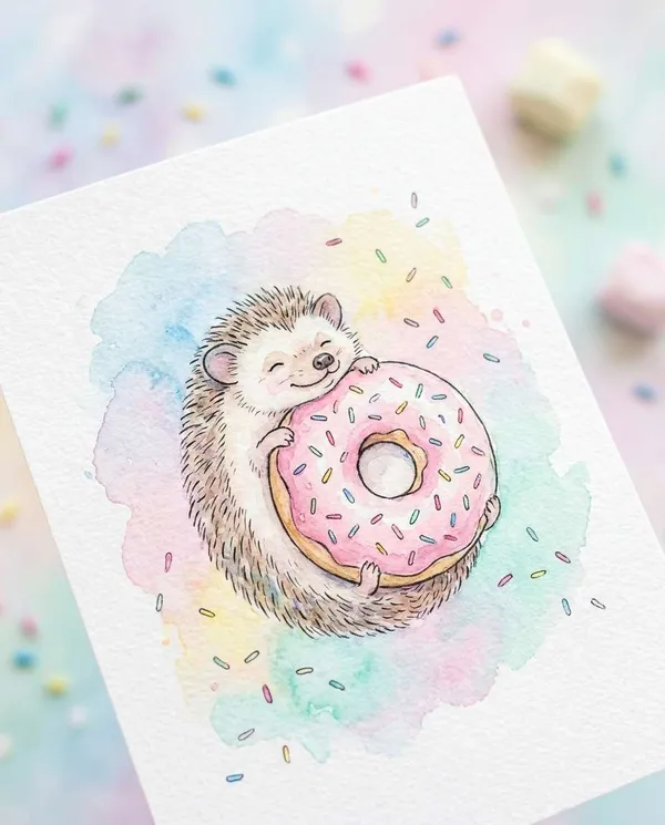 AI-generated Hedgehog Donut Hug Watercolor made with Nano Banana Pro