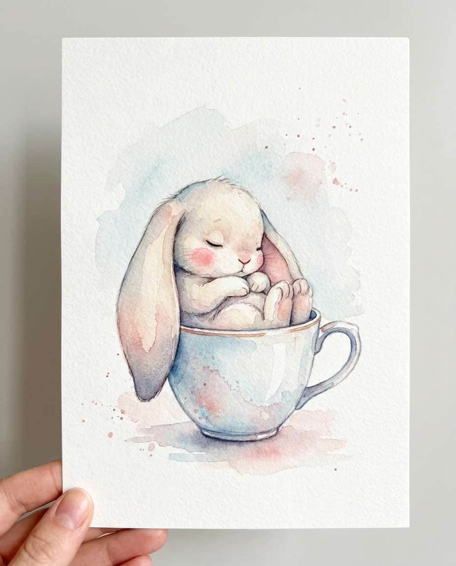 AI-generated Sleepy Bunny Teacup Watercolor made with Nano Banana Pro