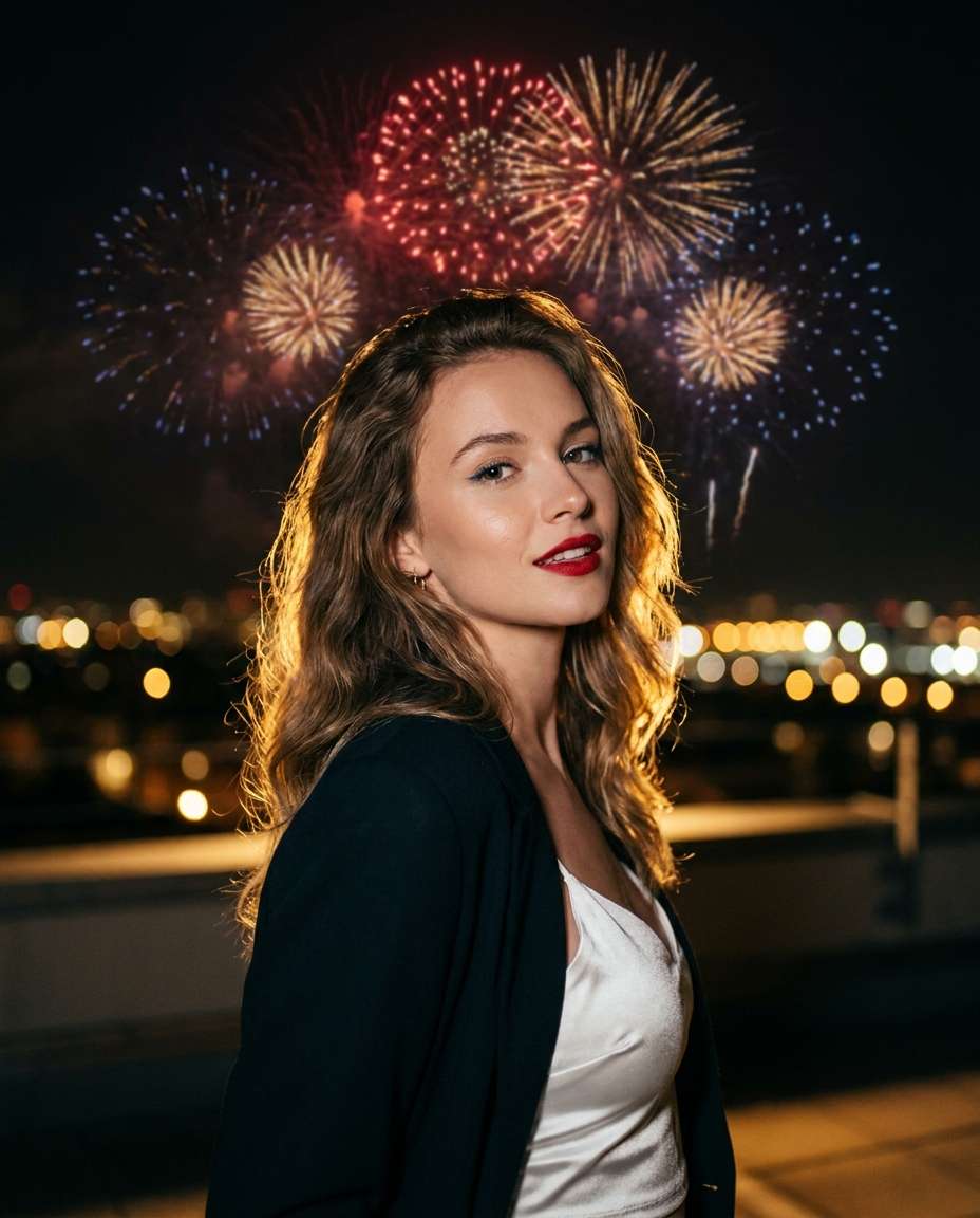 AI-generated Rooftop Fireworks Portrait made with Nano Banana Pro