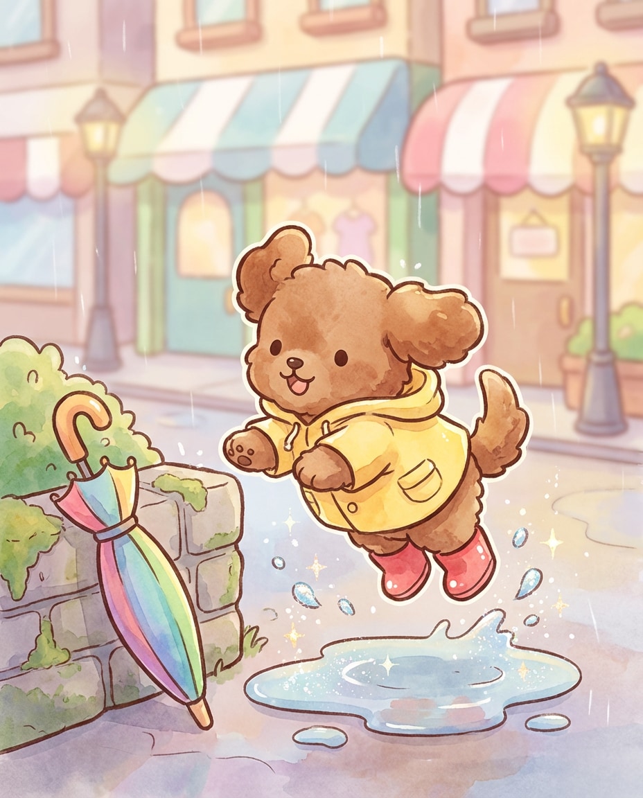 AI-generated Yellow Raincoat Puppy Walk Illustration made with Nano Banana 2