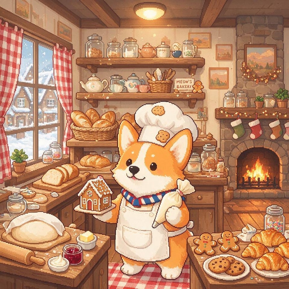 AI-generated Pixel Art Corgi Baker made with Seedream 5.0 Pro