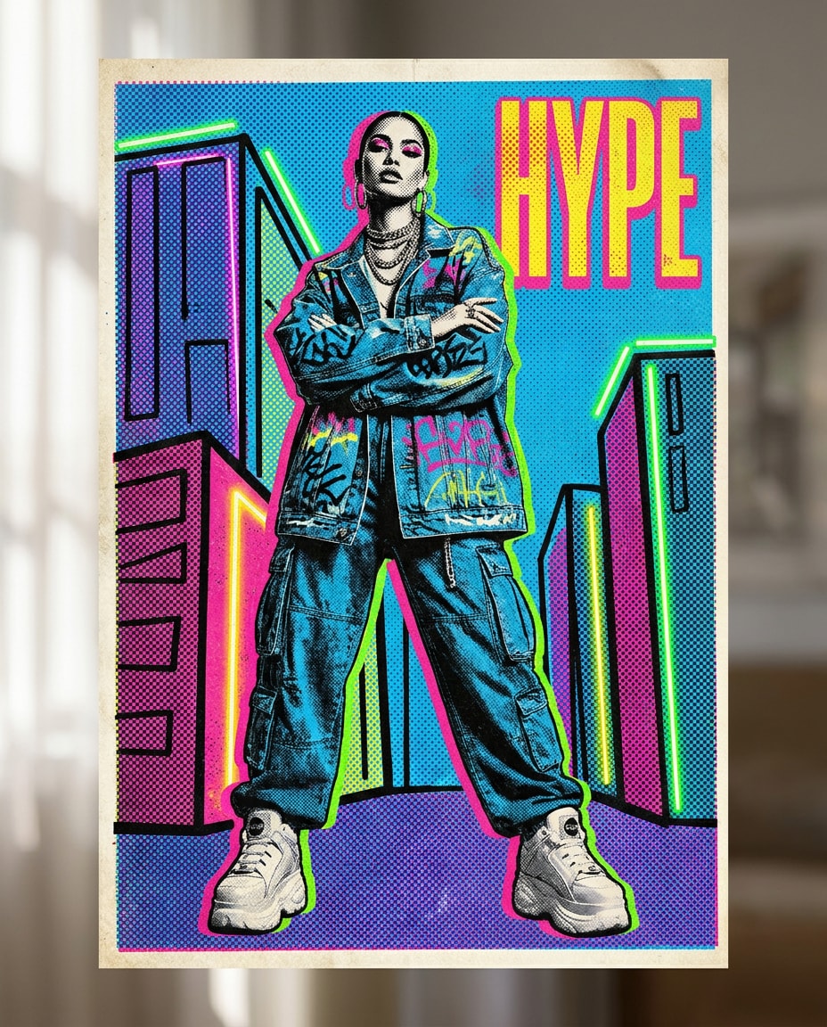AI-generated Streetwear Model Pop Art Poster made with Nano Banana Pro