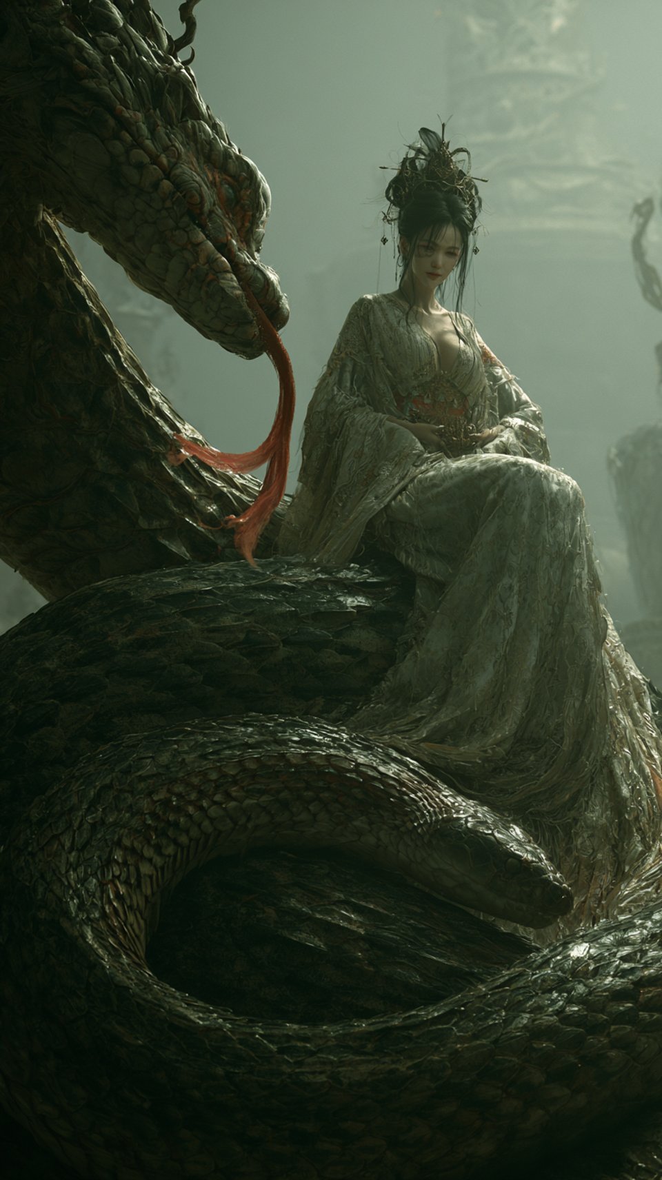 AI-generated Classical Woman on a Giant Snake made with Midjourney
