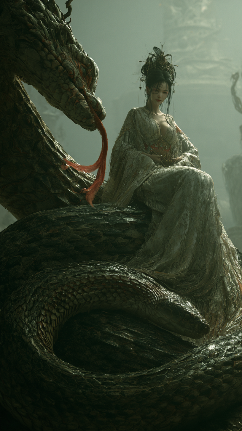AI-generated Fantasy Girl on a Giant Snake made with Midjourney