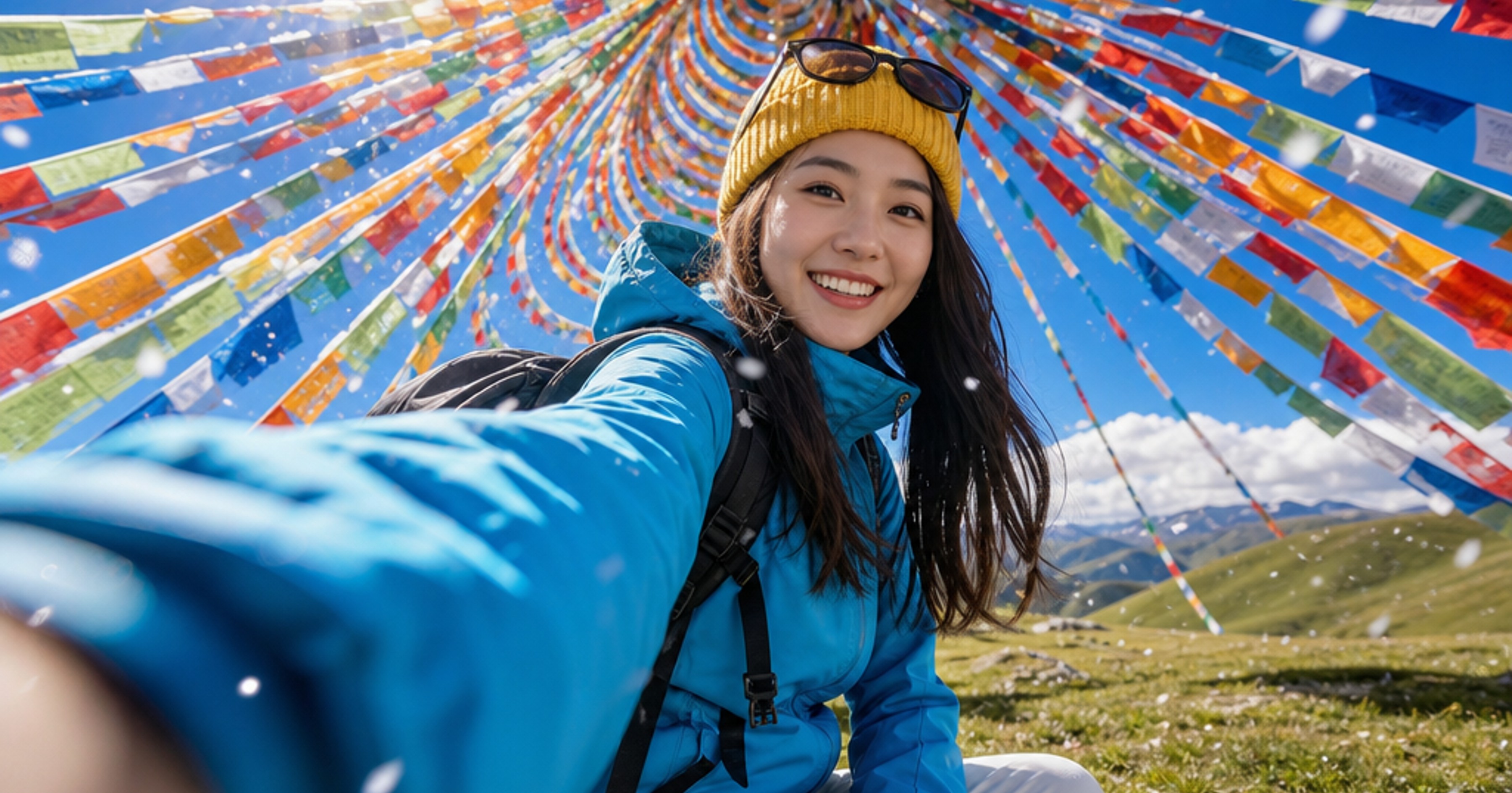 AI-generated Alpine Prayer Flag Travel Selfie made with GPT Image 2