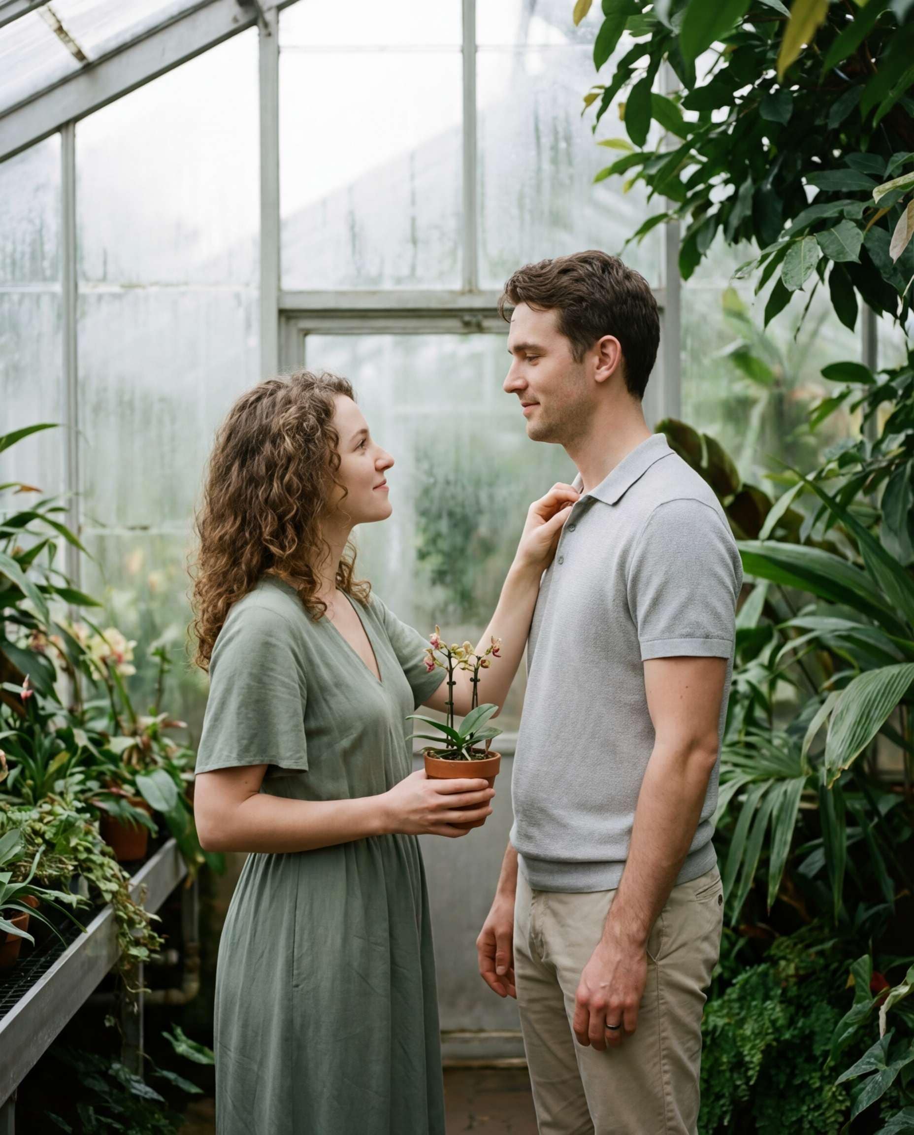 AI-generated Couple in Greenhouse Window Light made with Nano Banana Pro