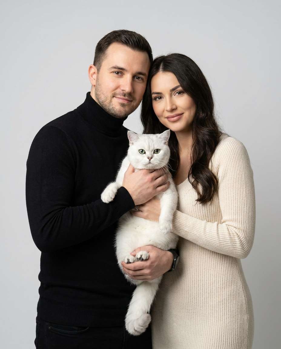 AI-generated Studio Family Portrait with a Cat made with Nano Banana Pro