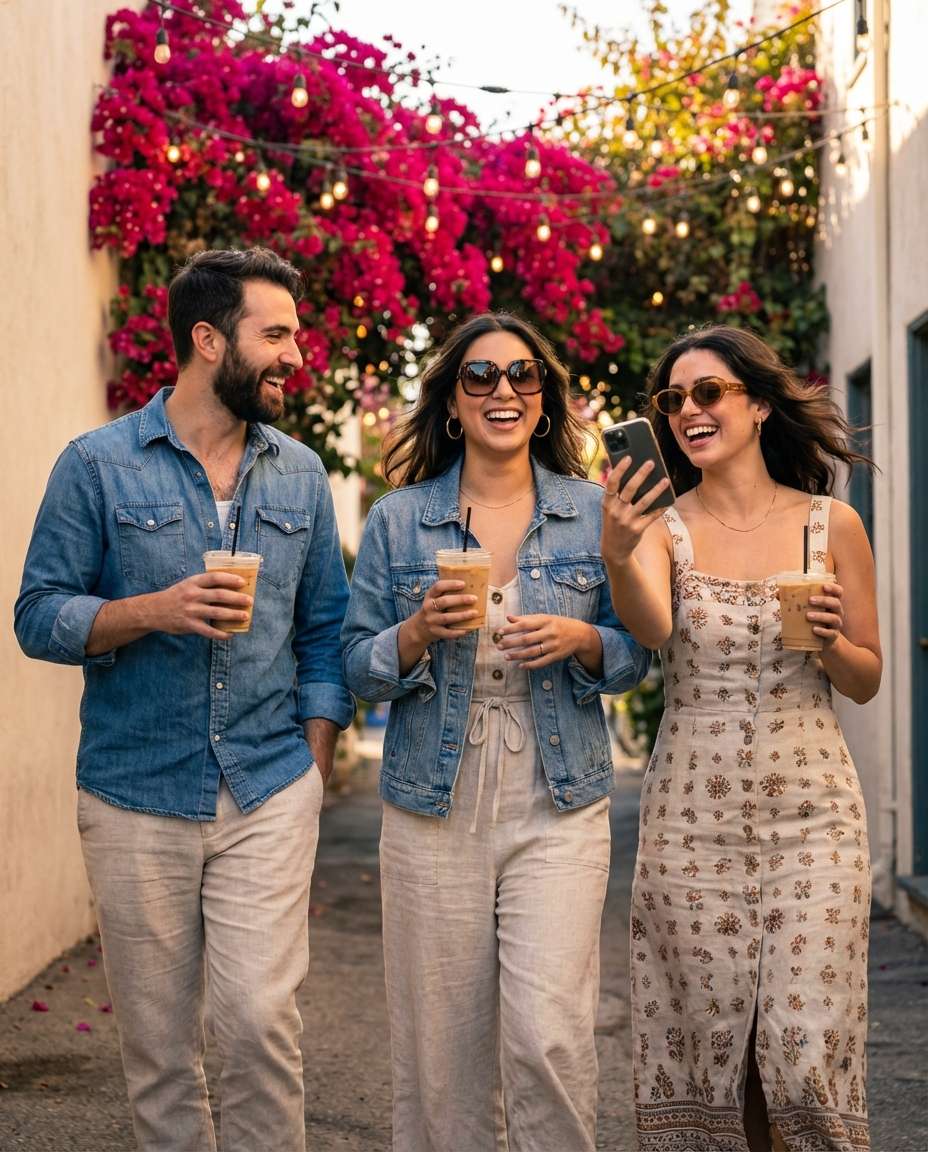 AI-generated Friends Laughing by Bougainvillea made with Nano Banana Pro