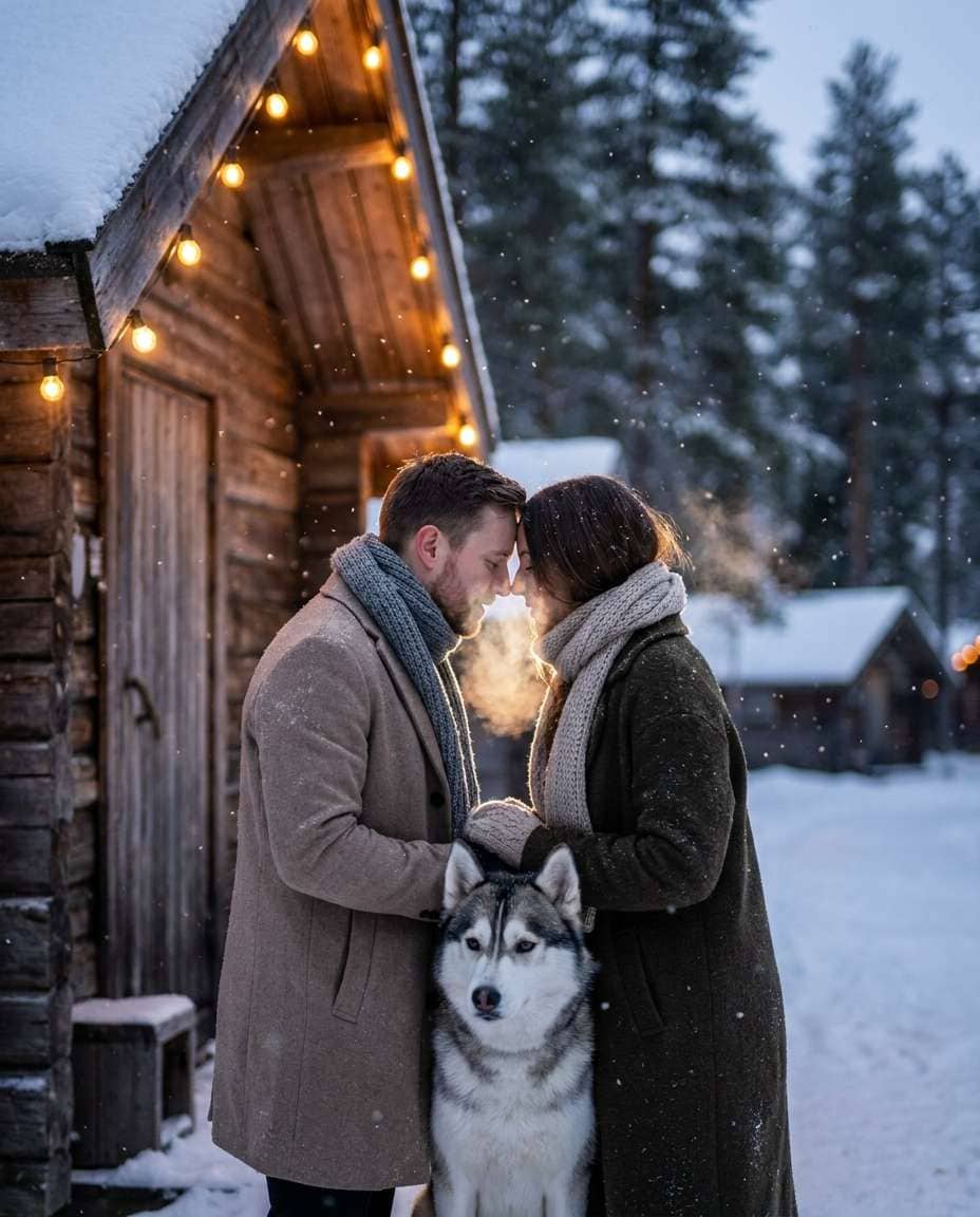 AI-generated Snowy Cabin Couple Portrait made with Nano Banana Pro