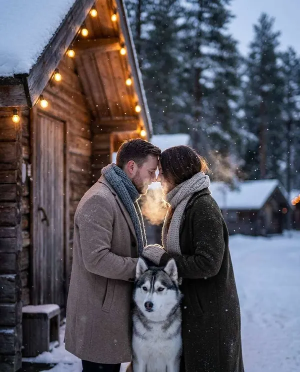 AI-generated Snowy Cabin Couple Portrait made with Nano Banana Pro