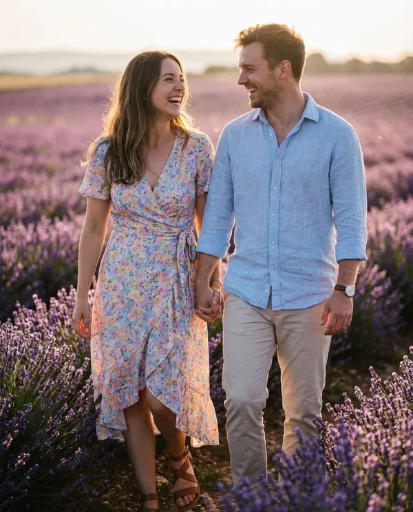 AI-generated Couple Walking Through Lavender made with Nano Banana Pro