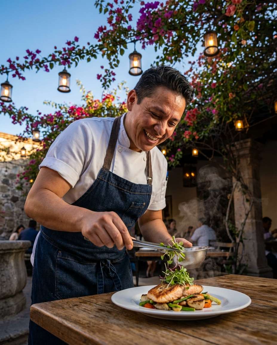 AI-generated Chef Under Bougainvillea made with Nano Banana Pro
